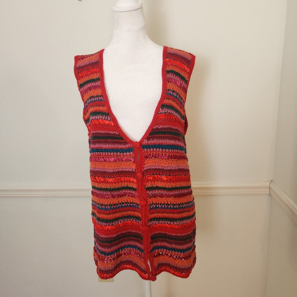 Vtg Express Tricot Sweater Vest Sz Medium Womens Colorful Ribbon Retro Handknit